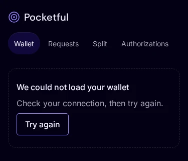 Phone-width error state: We could not load your wallet. Check your connection, then try again, with a Try again button.