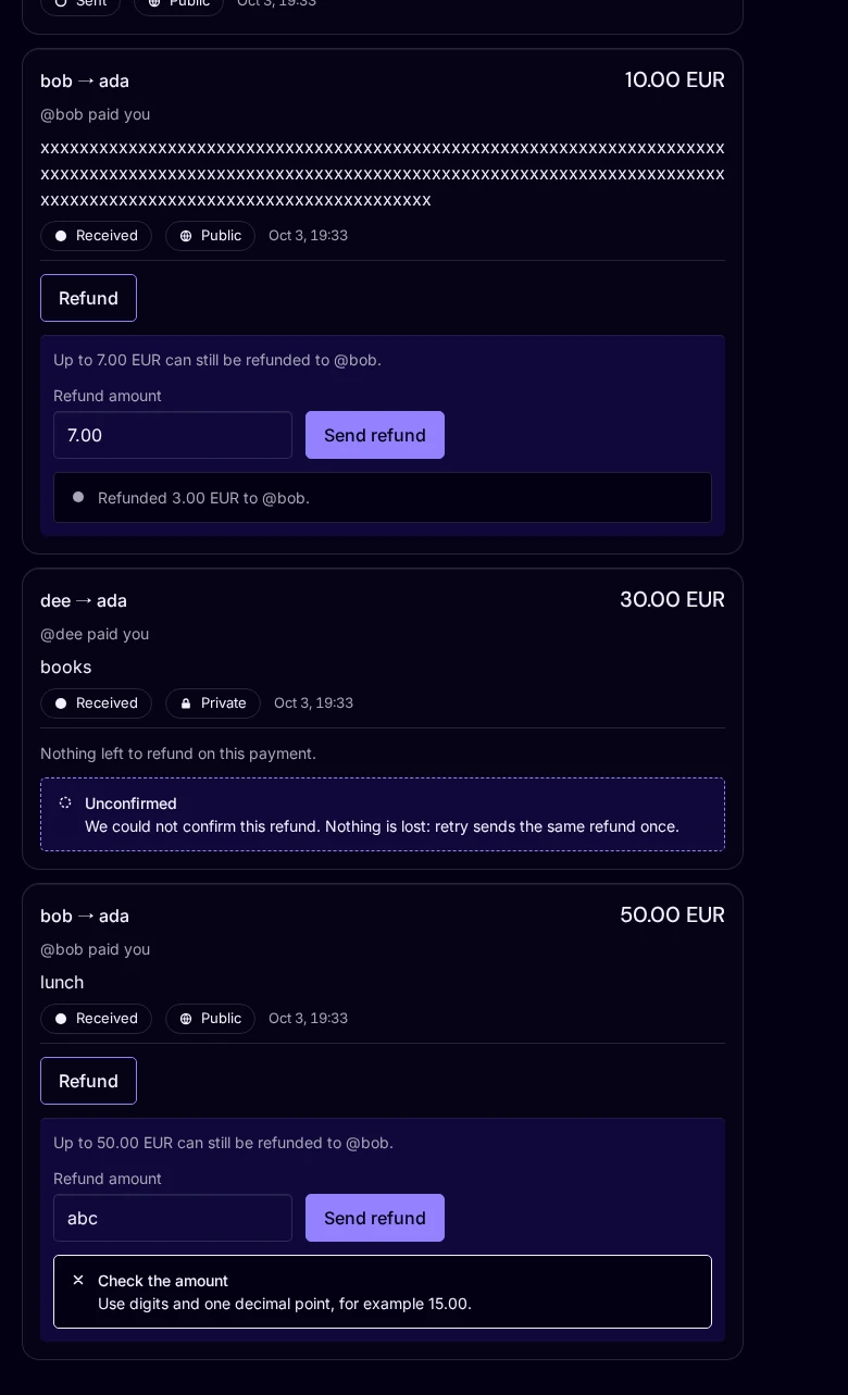 Pocketful wallet at 1280 pixels showing the refund control. A panel says up to 7.00 EUR can still be refunded to bob, with a confirmation that 3.00 EUR was refunded. Below, an Unconfirmed notice explains the refund could not be confirmed and a retry sends the same refund once. At the bottom, a Check the amount error appears for the input abc.